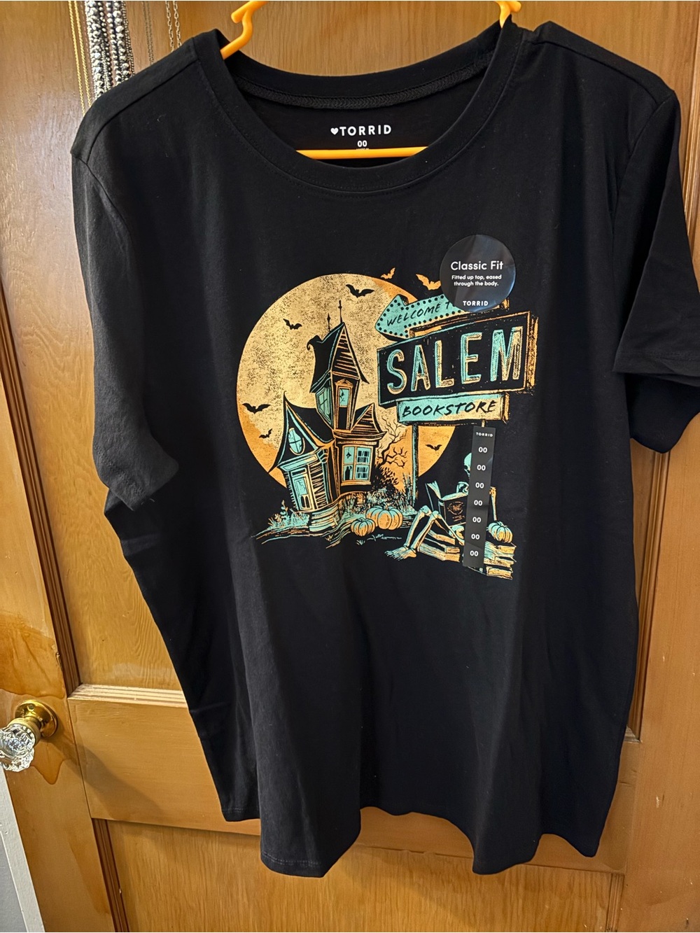 torrid Black Salem Bookstore Halloween Graphic Tee with Orange and Teal Art